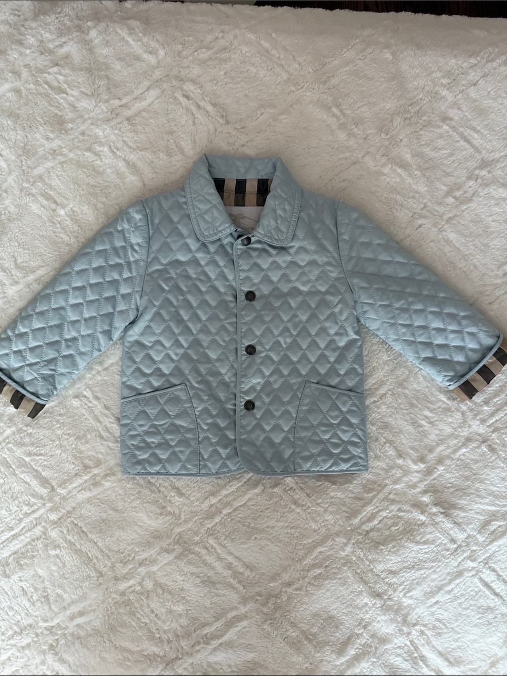 Burberry Light Blue Quilted Kids Jacket with Plaid Trim 18 month